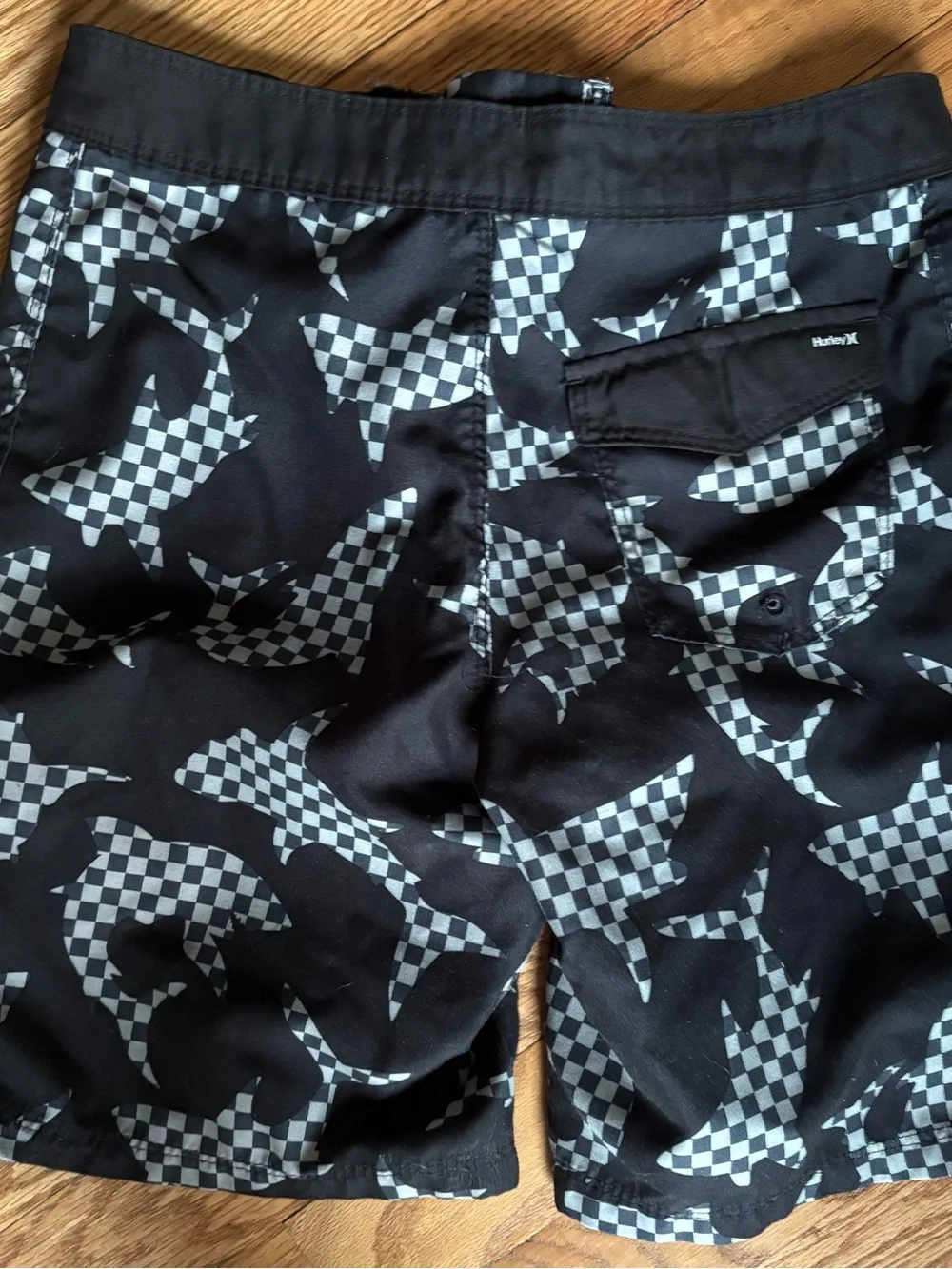 Hurley Black Swim Shorts with Gray Checker Shark Print